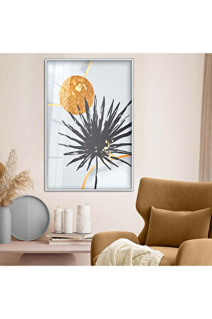 Gold Metal Çerçeveli Kolaj Çizim Yaprak Desen Kırılmaz Cam Tablo