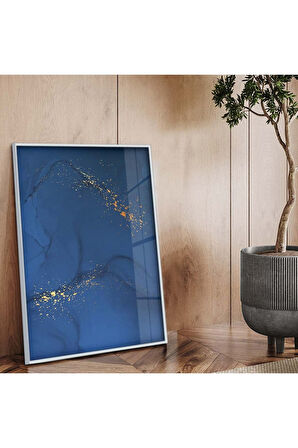 Gold Metal Çerçeveli Soyut Çizim Mavi Tema Kırılmaz Cam Tablo