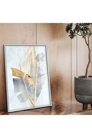 Gümüş Metal Çerçeveli Modern Çizim Yaprak Desen Kırılmaz Cam Tablo