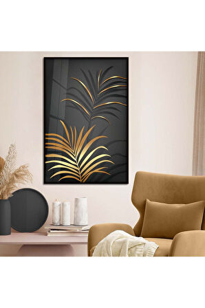 Gold Metal Çerçeveli Kolaj Çizim Yaprak Desen Kırılmaz Cam Tablo
