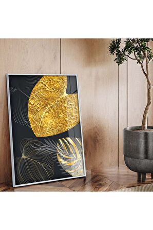 Gold Metal Çerçeveli Kolaj Çizim Yaprak Desen Kırılmaz Cam Tablo