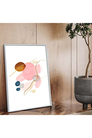 Gümüş Metal Çerçeveli Kolaj Çizim Soyut Tema Kırılmaz Cam Tablo