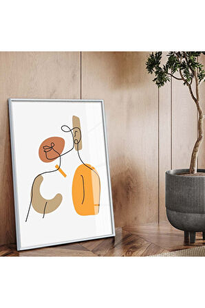 Gold Metal Çerçeveli Kolaj Çizim Soyut Tema Kırılmaz Cam Tablo