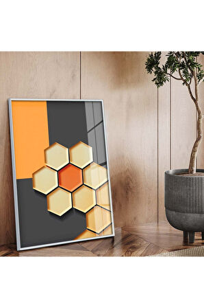 Gold Metal Çerçeveli Geometrik Çizim Soyut Tema Kırılmaz Cam Tablo