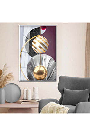 Gold Metal Çerçeveli Geometrik Çizim Soyut Tema Kırılmaz Cam Tablo