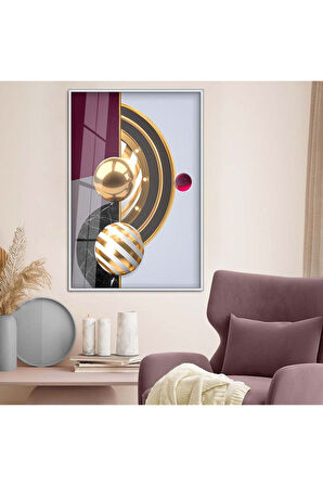 Gold Metal Çerçeveli Geometrik Çizim Soyut Tema Kırılmaz Cam Tablo