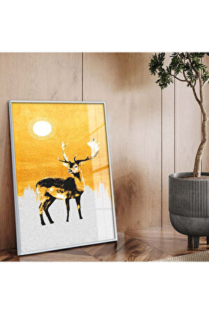 Siyah Metal Çerçeveli Modern Çizim Geyik Tema Kırılmaz Cam Tablo