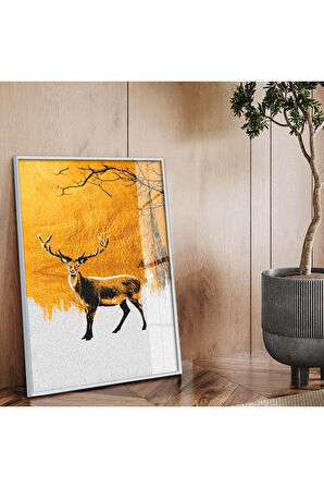 Gold Metal Çerçeveli Modern Çizim Geyik Tema Kırılmaz Cam Tablo