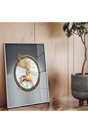 Gold Metal Çerçeveli Modern Çizim Geyik Tema Kırılmaz Cam Tablo