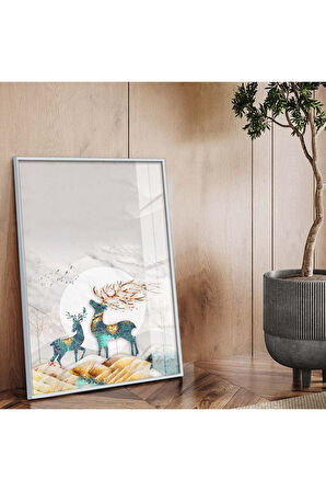 Gold Metal Çerçeveli Modern Çizim Geyik Figür Kırılmaz Cam Tablo