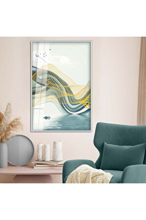 Gold Metal Çerçeveli Modern Çizim Soyut Tema Kırılmaz Cam Tablo