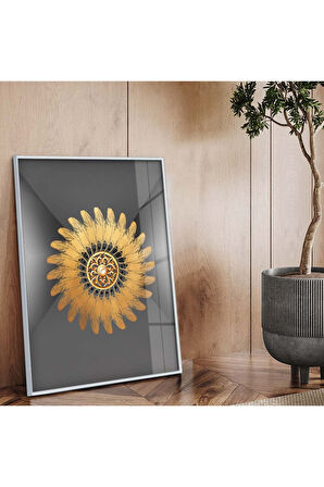 Gold Metal Çerçeveli Kolaj Çizim Modern Tema Kırılmaz Cam Tablo