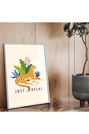 Gold Metal Çerçeveli Kolaj Çizim Çita Figür Tema Kırılmaz Cam Tablo