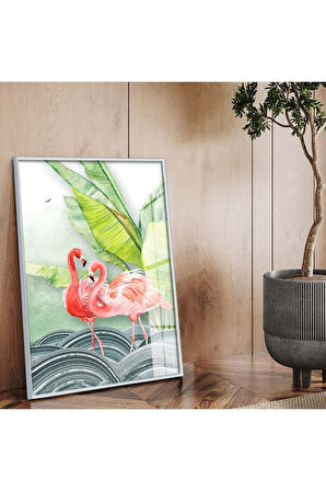 Gümüş Metal Çerçeveli Modern Çizim Flamingo Figür Kırılmaz Cam Tablo
