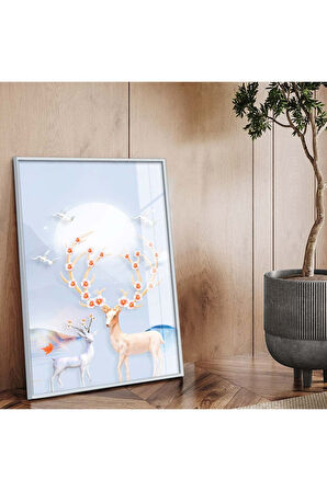Siyah Metal Çerçeveli Modern Çizim Geyik Figür Tema Kırılmaz Cam Tablo