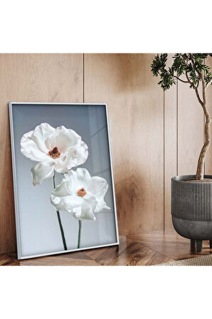 Gold Metal Çerçeveli Beyaz Çiçek Kırılmaz Cam Tablo