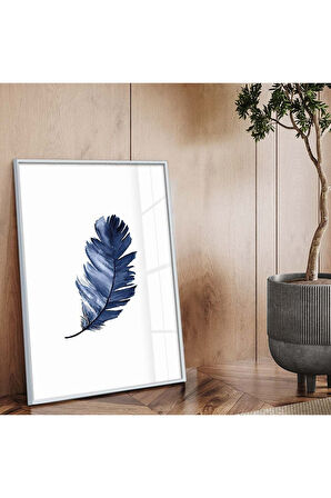 Gold Metal Çerçeveli Mavi Tüy Desen Kırılmaz Cam Tablo