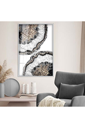 Gold Metal Çerçeveli Soyut Tema Modern Çizim Kırılmaz Cam Tablo