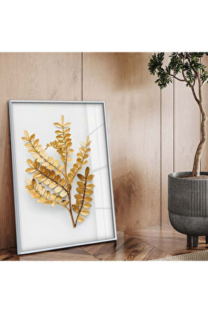 Gold Metal Çerçeveli Yaprak Desen Kırılmaz Cam Tablo