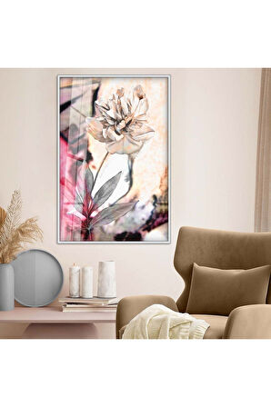 Gold Metal Çerçeveli Çiçek Desen Modern Çizim Kırılmaz Cam Tablo