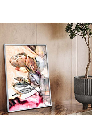 Gümüş Metal Çerçeveli Çiçek Desen Modern Çizim Kırılmaz Cam Tablo