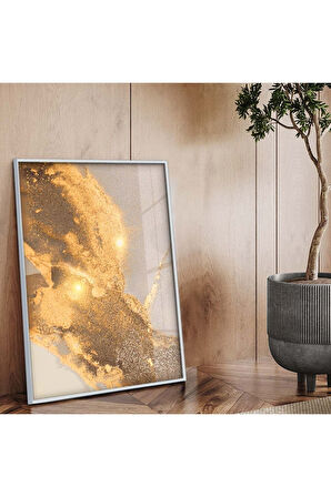 Gold Metal Çerçeveli Soyut Tema Modern Çizim Kırılmaz Cam Tablo
