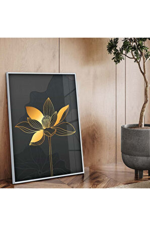 Gold Metal Çerçeveli Kolaj Çizim Çiçek Desen Kırılmaz Cam Tablo