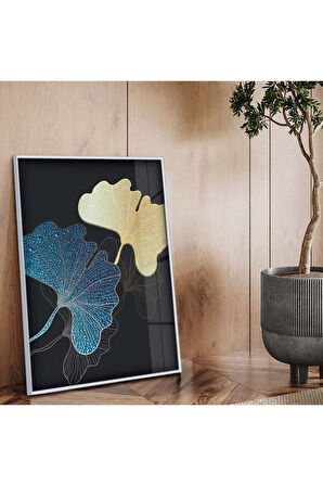 Gold Metal Çerçeveli Kolaj Çizim Çiçek Desen Kırılmaz Cam Tablo