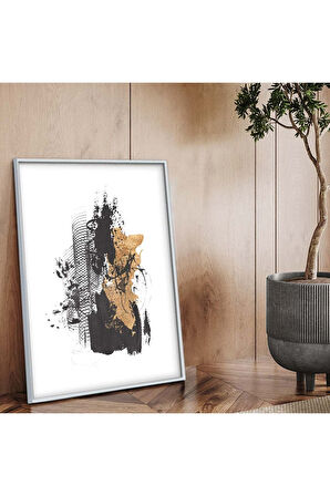 Gümüş Metal Çerçeveli Kolaj Çizim Soyut Tema Kırılmaz Cam Tablo