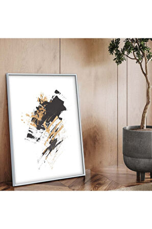 Gümüş Metal Çerçeveli Kolaj Çizim Soyut Tema Kırılmaz Cam Tablo