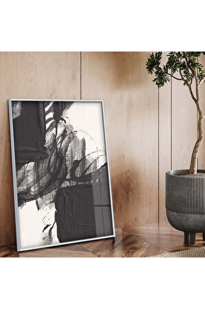 Siyah Metal Çerçeveli Kolaj Çizim Siyah Tema Kırılmaz Cam Tablo