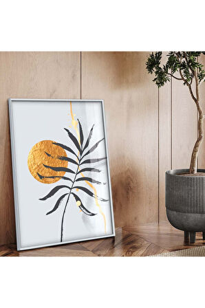 Gümüş Metal Çerçeveli Kolaj Çizim Yaprak Desen Kırılmaz Cam Tablo