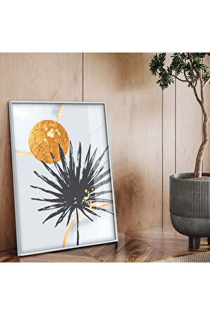 Gold Metal Çerçeveli Kolaj Çizim Yaprak Desen Kırılmaz Cam Tablo