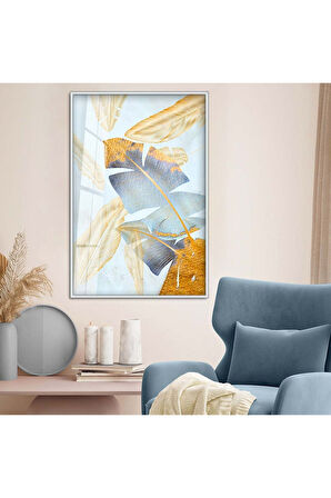 Siyah Metal Çerçeveli Modern Çizim Yaprak Desen Kırılmaz Cam Tablo