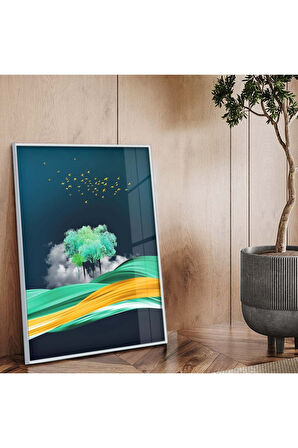 Gümüş Metal Çerçeveli Modern Çizim Doğa Tema Kırılmaz Cam Tablo