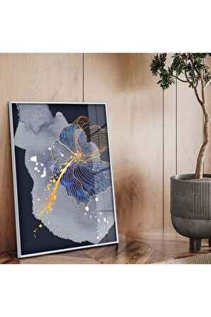 Siyah Metal Çerçeveli Kolaj Çizim Çiçek Tema Kırılmaz Cam Tablo