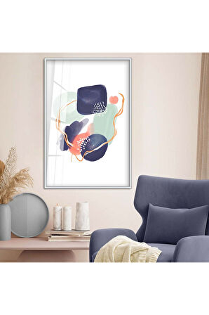 Gold Metal Çerçeveli Kolaj Çizim Soyut Tema Kırılmaz Cam Tablo