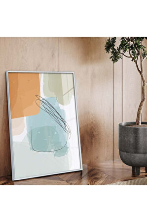 Gold Metal Çerçeveli Kolaj Çizim Soyut Tema Kırılmaz Cam Tablo