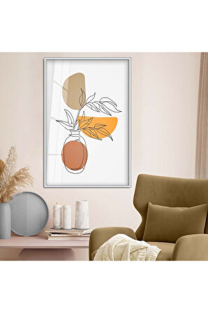 Gold Metal Çerçeveli Kolaj Çizim Soyut Tema Kırılmaz Cam Tablo