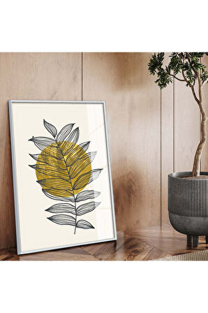 Siyah Metal Çerçeveli Modern Çizim Yaprak Tema Kırılmaz Cam Tablo