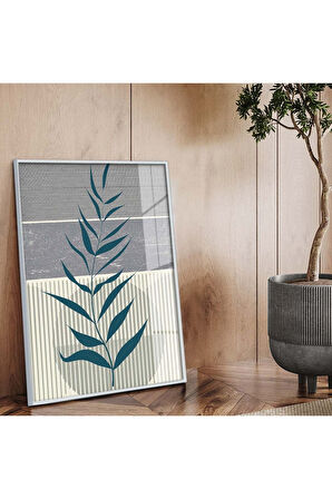 Gold Metal Çerçeveli Kolaj Çizim Yaprak Desen Kırılmaz Cam Tablo