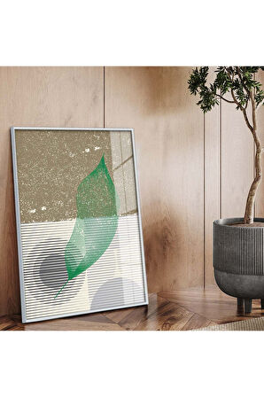 Gold Metal Çerçeveli Kolaj Çizim Yaprak Desen Kırılmaz Cam Tablo