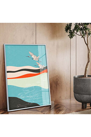 Siyah Metal Çerçeveli Modern Çizim Kuş Figür Kırılmaz Cam Tablo