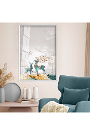 Gold Metal Çerçeveli Modern Çizim Geyik Figür Kırılmaz Cam Tablo