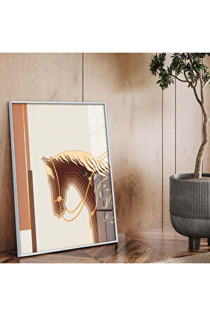 Gümüş Metal Çerçeveli Modern Çizim At Figür Kırılmaz Cam Tablo