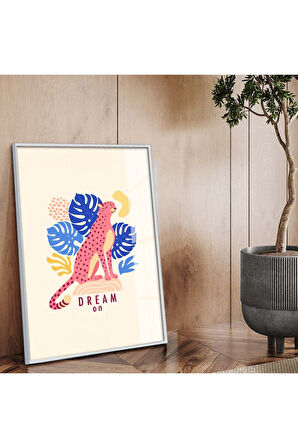 Gold Metal Çerçeveli Kolaj Çizim Çita Figür Tema Kırılmaz Cam Tablo