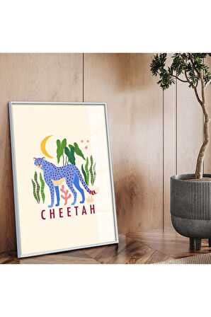 Gold Metal Çerçeveli Kolaj Çizim Çita Figür Tema Kırılmaz Cam Tablo