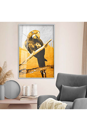 Siyah Metal Çerçeveli Modern Çizim Papağan Figür Kırılmaz Cam Tablo