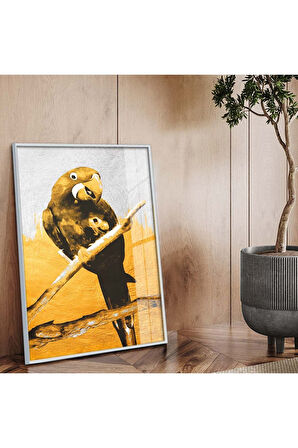 Siyah Metal Çerçeveli Modern Çizim Papağan Figür Kırılmaz Cam Tablo