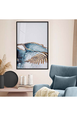 Gold Metal Çerçeveli Modern Çizim Yaprak Desen Kırılmaz Cam Tablo